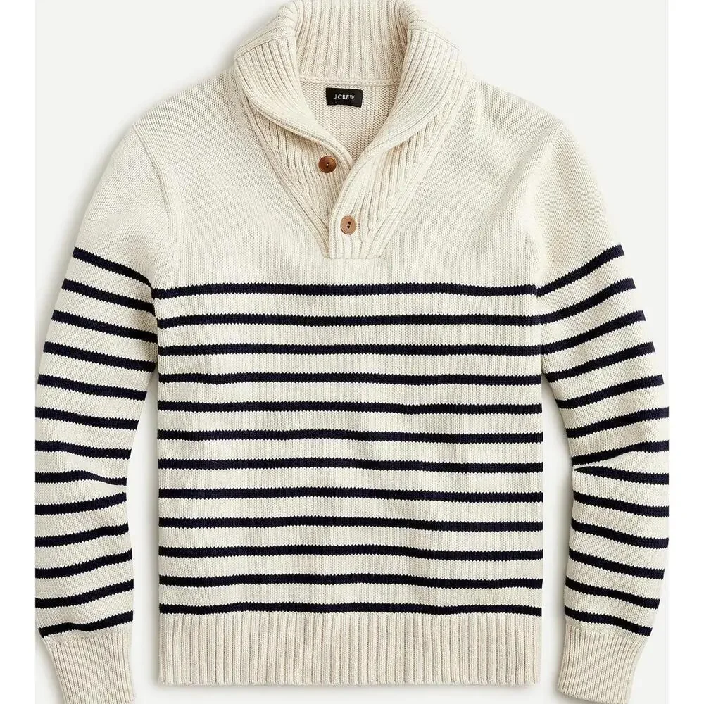 J. Crew 100% Cotton shawl-collar sweater in stripe; Navy & Blue, Men's Medium